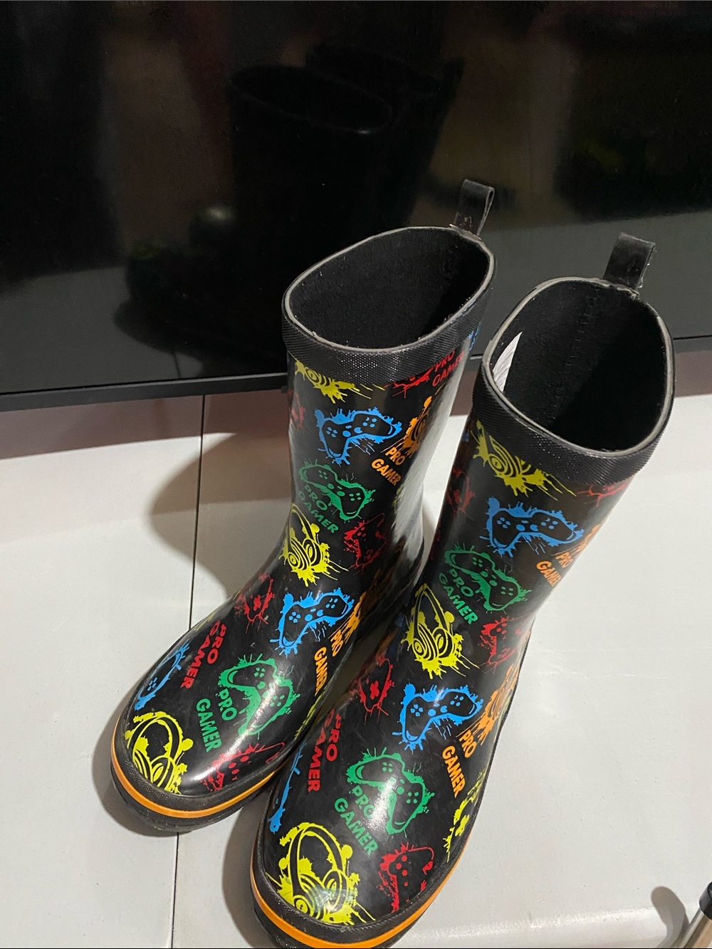Kids Black Rain Boots with Bright Gamer Print